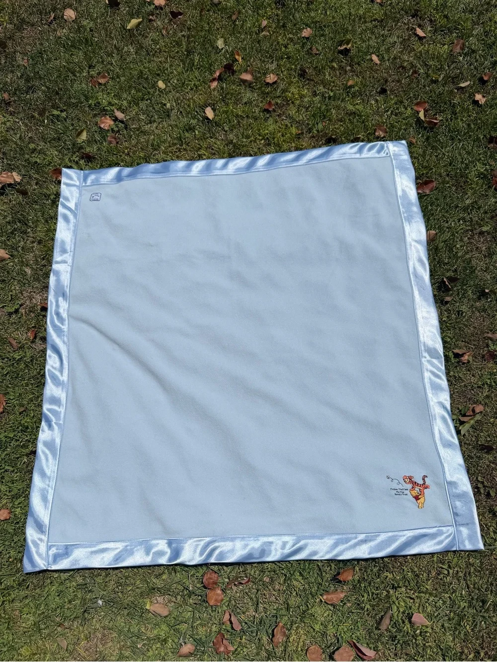 Y2K Disney Blue Satin Trim Lovey Security Baby Blanket Pooh Tigger 32x35 GUC